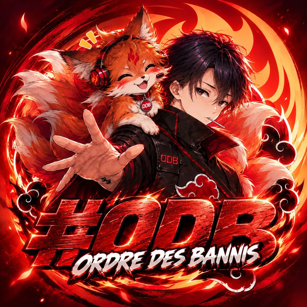 Le nouvel emblème de l’Ordre des bannis, avec Fido et son compagnon dans un univers de flammes rubis et ambre